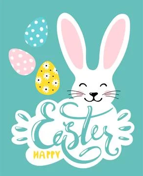 Happy Easter, Modern Easter card, cute bunny, decorated eggs on green background Stock Illustration