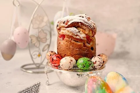 Happy easter. Modern Easter figurines, Easter painted eggs and egg-shaped c.. Stock Photos