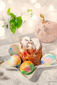 Happy easter. Modern Easter figurines, Easter painted eggs and egg-shaped c.. Stock Photos