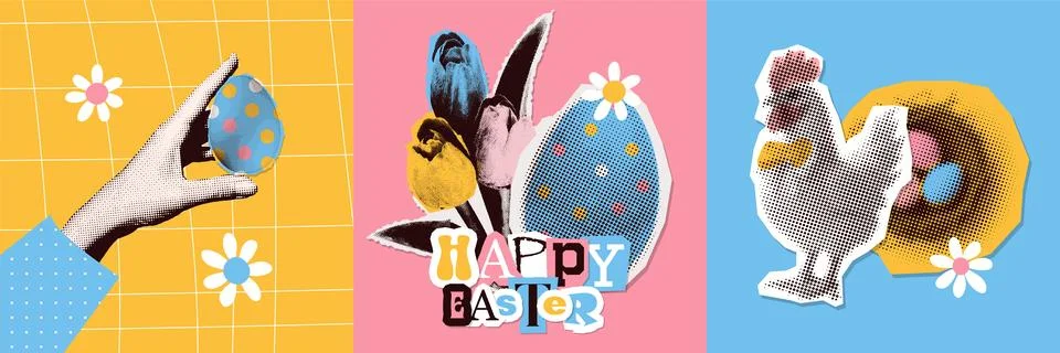 Happy Easter modern retro art collage square cards set. Trendy greeting cards Stock Illustration