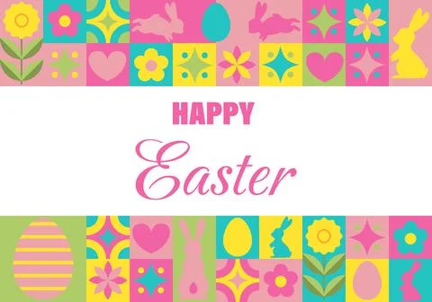 Happy Easter mosaic banner. Modern neo geometric abstract background. Horiz.. Stock Illustration