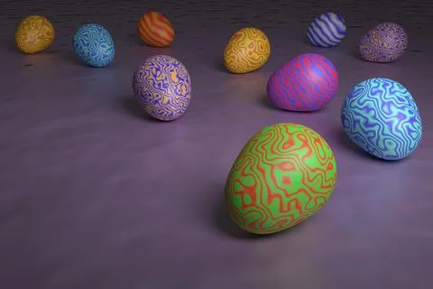 Happy easter. Multicolored Easter eggs with a wavy pattern. 3D rendering. イラスト素材