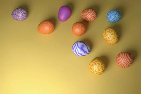Happy easter. Multicolored Easter eggs with a wavy pattern. 3D rendering. Ilustración de archivo