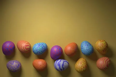 Happy easter. Multicolored Easter eggs with a wavy pattern. 3D rendering. Stockillustratie