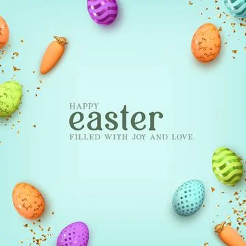 Happy Easter. Multicolored Easter eggs on a blue background with realistic .. イラスト素材