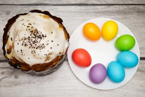 Happy Easter. Multicolored eggs on a white plate. All the colors of the rainbow Stock Photos