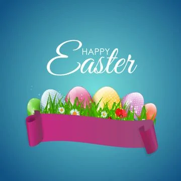Happy Easter Natural Background with Eggs, grass, flower. Vector Illustration Stock Illustration