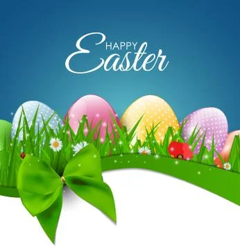 Happy Easter Natural Background with Eggs, grass, flower. Vector Illustration Illustrazione stock
