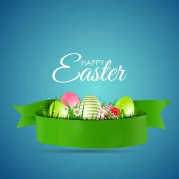 Happy Easter Natural Background with Eggs, grass, flower. Vector Illustration Stock Illustration