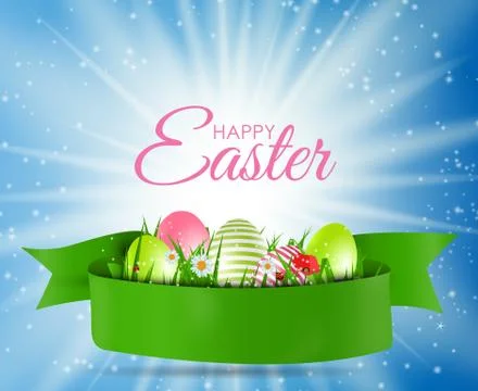 Happy Easter Natural Background with Eggs, grass, flower. Vector Illustration Illustrazione stock