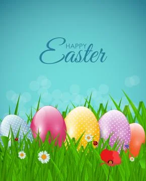 Happy Easter Natural Background with Eggs, grass, flower. Vector Illustration Stock Illustration