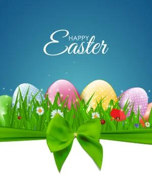 Happy Easter Natural Background with Eggs, grass, flower.  Illustration Illustrazione stock