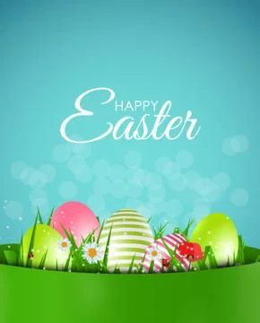 Happy Easter Natural Background with Eggs, grass, flower.  Illustration Illustrazione stock