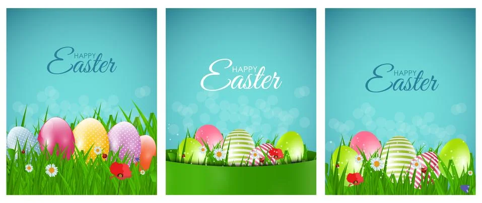 Happy Easter Natural Background with Eggs, grass, flower.  Illustration Illustrazione stock