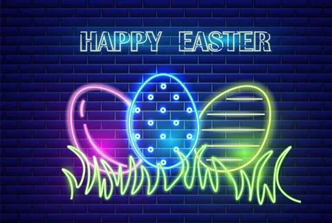 Happy Easter neon eggs symbol Vector. Seasonal Holiday banner, poster, icon,  Stock Illustration