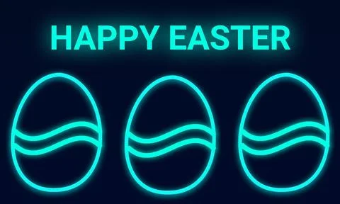 Happy Easter neon lettering with eggs on blue background Stock-Illustration