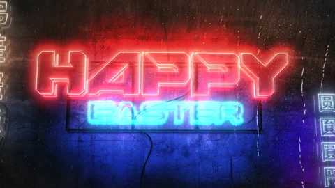 Happy Easter with neon lights on street in cyberpunk city Stock Footage 232412092
