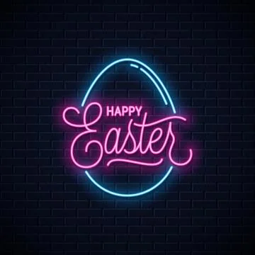 Happy Easter neon sign. Easter egg neon banner Stock Illustration