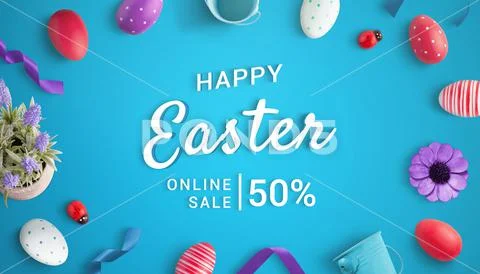 Happy Easter online sale scene creator with 3d text and easter decorations PSD Template