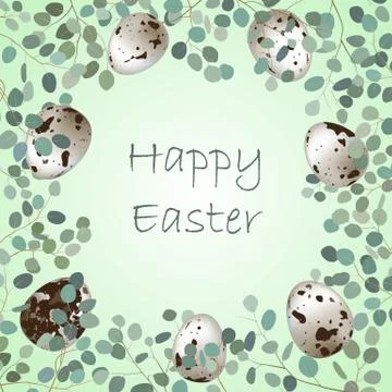 Happy Easter or spring greeting card frame. Quail eggs and leaf sprigs of euc 스톡 일러스트