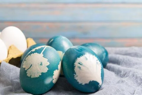 Happy easter, organic blue easter eggs, easter holiday decorations, easter co Stock Photos