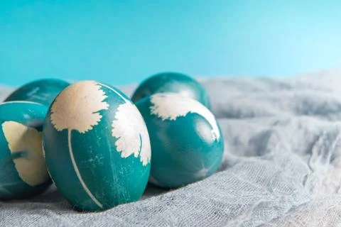 Happy easter, organic blue easter eggs with blue backgrounds, easter holiday  Stock Photos