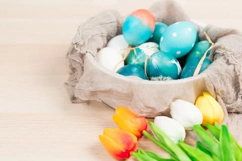 Happy easter, organic blue easter eggs with white color eggs wait for paintin Stock Photos