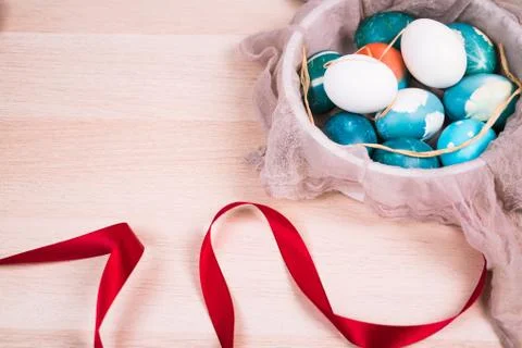 Happy easter, organic blue easter eggs with white color eggs wait for paintin Stock Photos