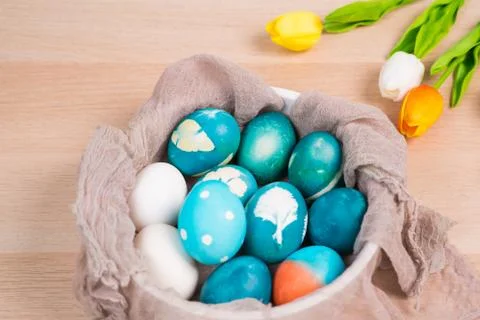 Happy easter, organic blue easter eggs with white color eggs wait for paintin Stock Photos
