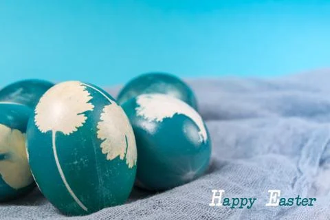 Happy easter, organic blue easter eggs with blue backgrounds, easter holiday  Stock Photos