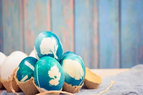 Happy easter, organic blue easter eggs with white color eggs wait for paintin Stock Photos