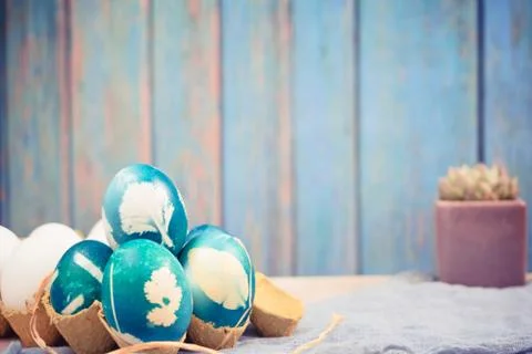 Happy easter, organic blue easter eggs with white color eggs wait for paintin Stock Photos