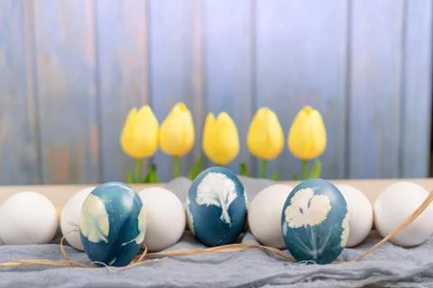 Happy Easter, organic blue easter egg in the middle of white color eggs wait  Stock Photos