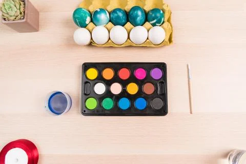 Happy easter, organic eggs and painting color preparing  for easter day festi Stock Photos