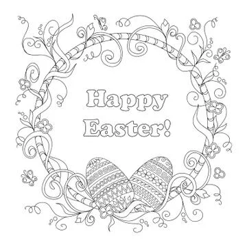 Happy Easter with ornamental eggs and flowers Stock Illustration