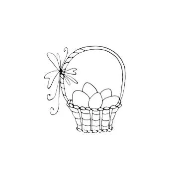 Happy Easter. Outline Basket with eggs and Tulip flowers. Design element for  Stock Illustration