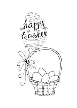 Happy Easter. Outline Basket with eggs and Tulip flowers. Design element for  Stock Illustration