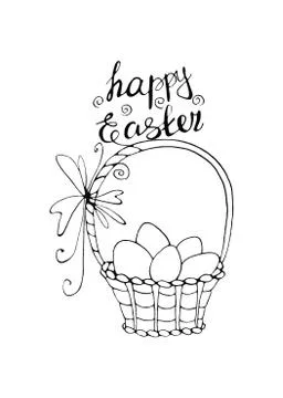 Happy Easter. Outline Basket with eggs and Tulip flowers. Design element for  Stock Illustration