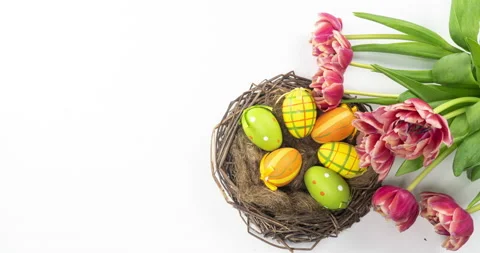 Happy Easter. Painted eggs in a nest with blooming pink tulipson a white Stock Footage 150335523