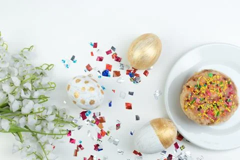 Happy Easter. Painted eggs on white background. Easter Cake - Russian and U.. Stock Photos