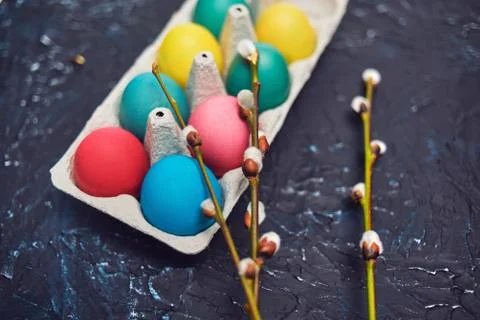 Happy Easter. Painted multi-colored, pastel eggs in an egg carton. Flowering  Foto stock
