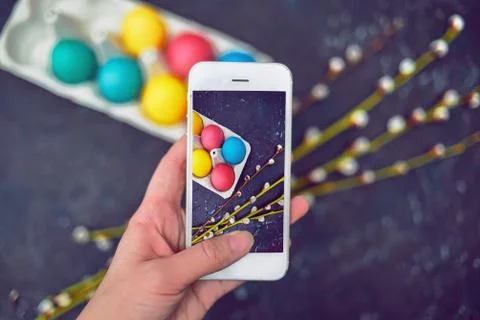 Happy Easter. Painted multi-colored, pastel eggs in an egg carton. Flowering  Stock Photos