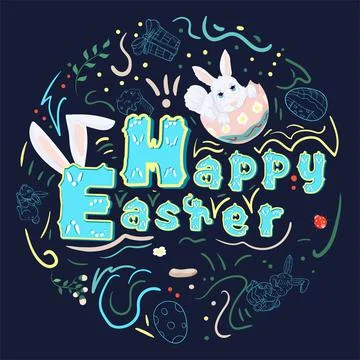 Happy Easter painted poster with a beautiful inscription and a rabbit sitting Stock Illustration