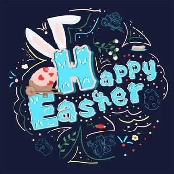 Happy Easter painted poster with a beautiful inscription and a wheelbarrow wi Stock Illustration