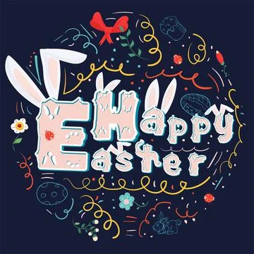 Happy Easter painted poster with a beautiful inscription and rabbit ears This Stock Illustration