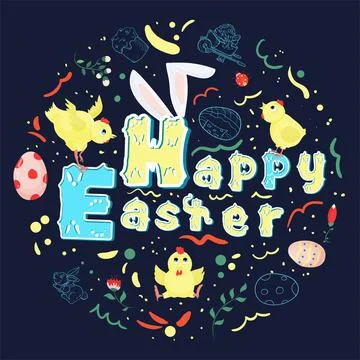 Happy Easter painted poster with a beautiful inscription around the chickens Stock Illustration