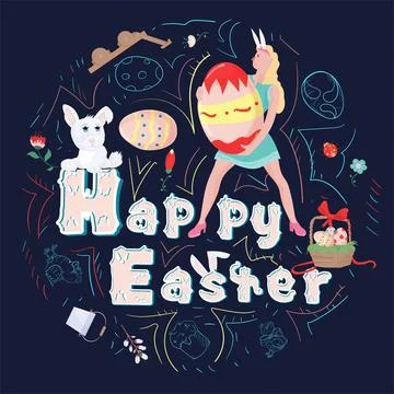 Happy Easter painted poster with a beautiful inscription Girl holding a color Stock Illustration