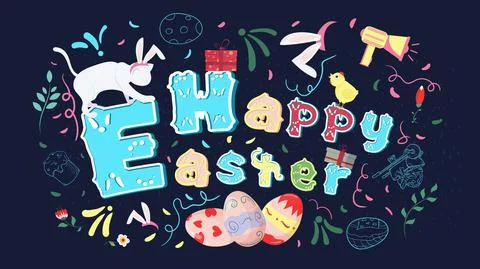 Happy Easter painted poster with a beautiful inscription Cat with rabbit ears Stock Illustration