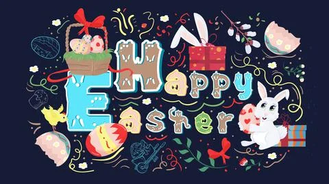Happy Easter painted poster with a beautiful inscription Rabbit and egg baske Stock Illustration
