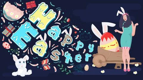 Happy Easter a painted poster with a beautiful wavy inscription A girl stands Stock Illustration